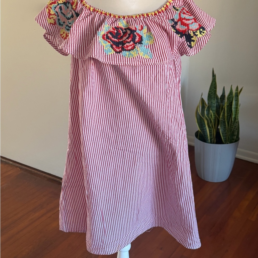 Main Strip Red and White Striped Kids Dress with Floral Embroidery